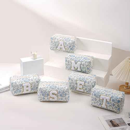 JOVAKIT Alphabet Makeup Bag Cosmetic Bag for Women, Christmas Gifts for Girls Age 6-18, Floral Flowers Coquette Travel Toiletry Zipper Make Up Pouch Organizer Trendy Stuff (Blue Floral M)