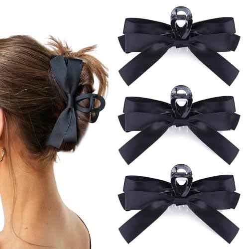 Black Bow Hair Claw Clip for Women Girls,3PCS Nonslip Big Bows Hair Claws Barrette for Thick Thin Hair,Large Hair Accessories Christmas Birthday Gifts