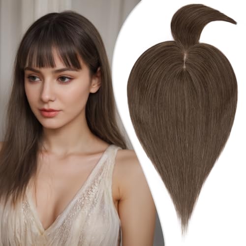 Human Hair Toppers for Women, 150% Density Hair Topper with Bang, No Tangle & Smooth, Upgrade 7x13cm Silk Base, 10 Inch #02 Dark Brown