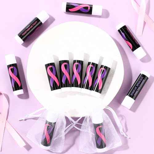 Fumete 100 Pcs Domestic Violence Awareness Items Lip Balm Bulk Pink Ribbon and Purple Ribbon Breast Cancer Awareness Moisturizer and Nourishing Lip Balm Gifts for Women Party Supplies, 4 Scents