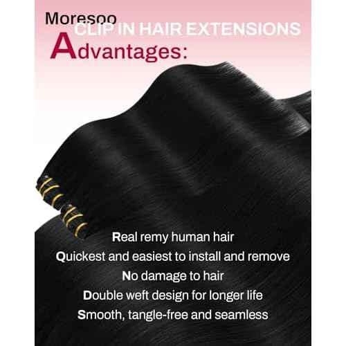 Moresoo Black Clip in Hair Extensions Real Human Hair Clip in Extensions Black Hair Extensions for Women Remy Double Weft 120g/7pcs 20 Inch