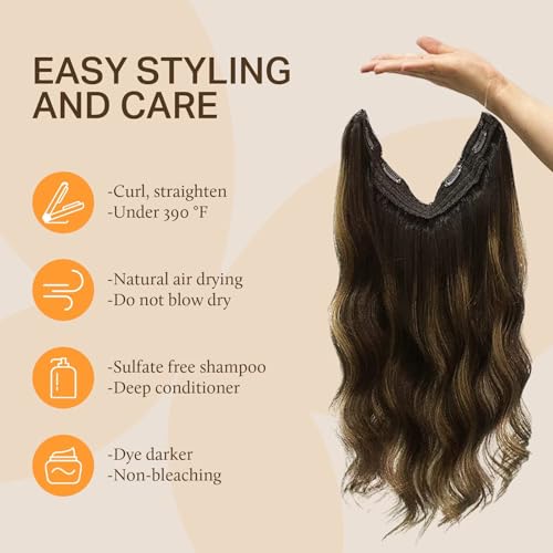DOORES Wire Hair Extensions 20 Inch 110g Remy Human Wire Hair Extensions Invisible Transparent Line Adjustable Hairpieces Secret Extensions Straight Hair Balayage Dark Brown to Chestnut Brown