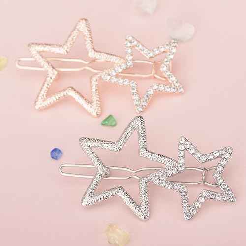 2Pcs Hollow Star Hair Clips, Non-Slip Metal Geometric Hairpin, Elegant Rhinestone Hair Barrettes for Women Lady Girls Styling Hair Accessories (Silver)