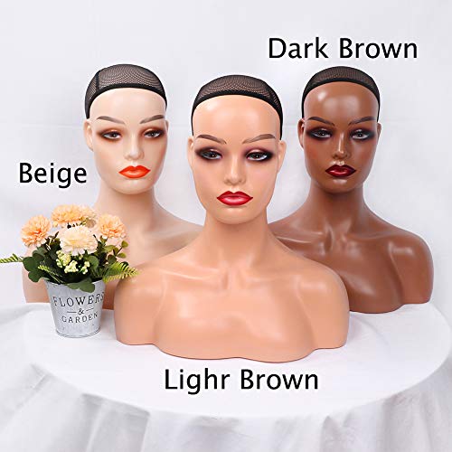 Realistic Female Mannequin Head with Shoulder for Display - Manikin Head with Shoulder for Wig/Jewelry/Makeup/Hat/Sunglass Display (Light Brown)
