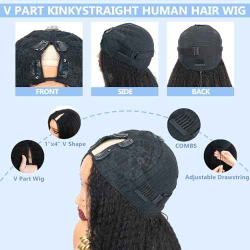 Cheetahbeauty Kinkystraight V Part Wig Human Hair with Elastic Drawstring 18 Inch No Leave Out Lace Front Wigs Upgrade Glueless U Part Wigs 180% Density Yaki Straight Half Wigs for Women Natural Color