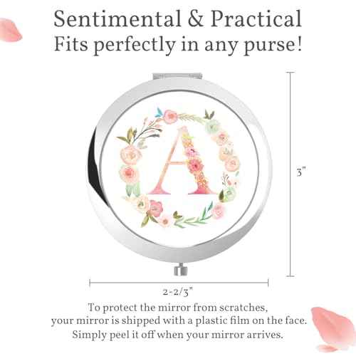 Personalized Gift Initial Compact Mirror w Box for Women Sister Daughter Mom Wife, Floral Monogram Alphabet Silver Small Mirror Ideal Gift on Birthday, Christmas, Graduation (A, Silver)
