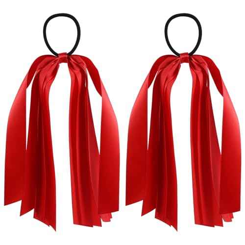 Red Ribbon Hair Ties Cheer Long Tassel Elastic Hairbands Handmade Girls Women Ponytail Holder Hair Accessories for Holiday Party