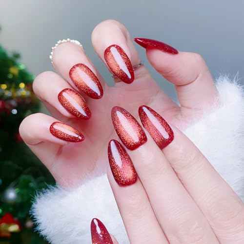 Christmas Press On Nails Medium Almond Fake Nails With Glue, Red Nail Press Ons With Glass Beads Cat's Eye Design£¬Artificial False Nails Stick On Nails for Women-30Pcs