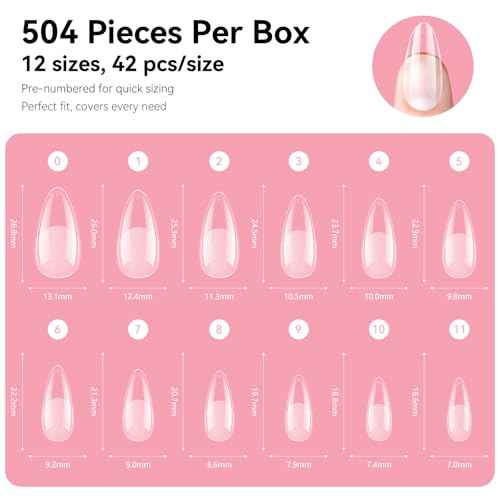 Makartt Almond Nail Tips: 500pcs Medium Pre-buffed Full Cover Clear Press on Nails 10 Sizes Soak Off Soft Gel Nail Tips Extension Professional Acrylic Fake Nails No Crease False Nail Salon DIY Art