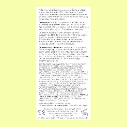 HERBIVORE Nova 15% Vitamin C + Turmeric Brightening Serum for Dark Spots, Hyperpigmentation + Even Skin Tone | Vegan, Plant-Based, Cruelty-Free, 30 mL / 1 oz