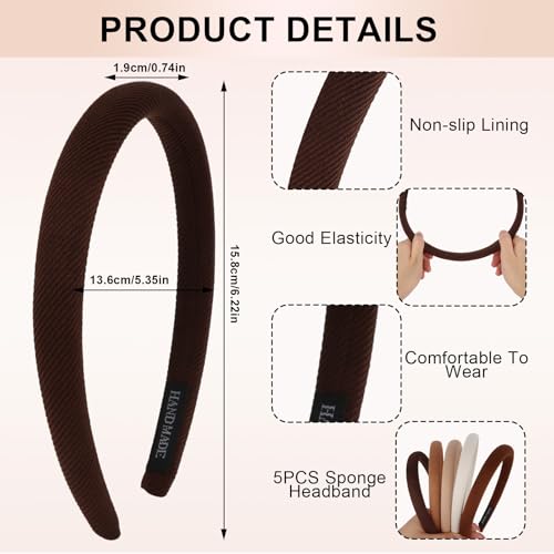 CURASA Sponge Padded Headbands For Women Girls 5PCS Non Slip Comfortable Headband Thin Neutral Head Bands Trendy Cute Hair Hoops Elegant Head Bands Set Stretchy Hairbands Plain Solid Hair Accessories