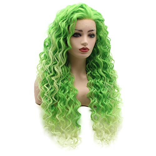 Hair Curly Long 26inch Two Tone Green Ombre Heavy Density Realistic Synthetic Lace Front Wigs