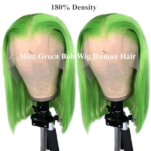 Lime Green Bob Wig Human Hair Lace Front Wigs 14 Inch 13x4 HD Lace Front Wigs Human Hair Pre Plucked Glueless Wigs Brazilian Virgin Human Hair Short Bob Wig for Women 180% Density Deep Part Hairline