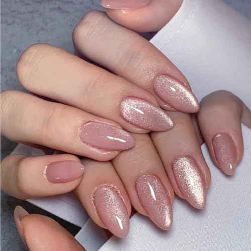 Nails Press on, Nude Pink Girls Fake Nails with Cat's Eye Bright Colors Design, Acrylic Artificial False Nails Press Ons Short Press on Nails For Women