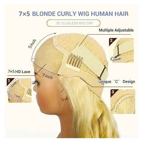 FABA Glueless Wigs Human Hair Pre Plucked Pre Cut Bob Blonde Curly Wig 7x5 Honey Blonde Deep Wave Wig Human Hair 180% Density Short Curly 12 Inch