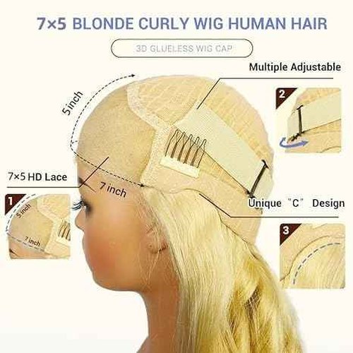 FABA Glueless Wigs Human Hair Pre Plucked Pre Cut Bob Blonde Curly Wig 7x5 Honey Blonde Deep Wave Wig Human Hair 180% Density Short Curly 14 Inch