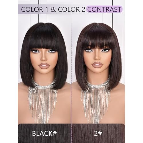 Bob Wigs Human Hair 210% Density bob Wig with Bangs Dark Brown 100% Human Hair Wigs for Black Women Pre-Bleached Glueless Straight Bob Wigs(10Inch£¬Dark Brown wig)