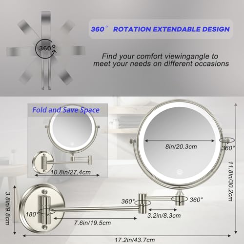 Rechargeable Wall Mounted Makeup Mirror with Lights, 8 Inch Double-Sided 10X Magnifying Vanity Mirror, 3 Color Lights & Stepless Dimming 360¡ÆRotation Extendable Lighted Magnification Bathroom Mirror