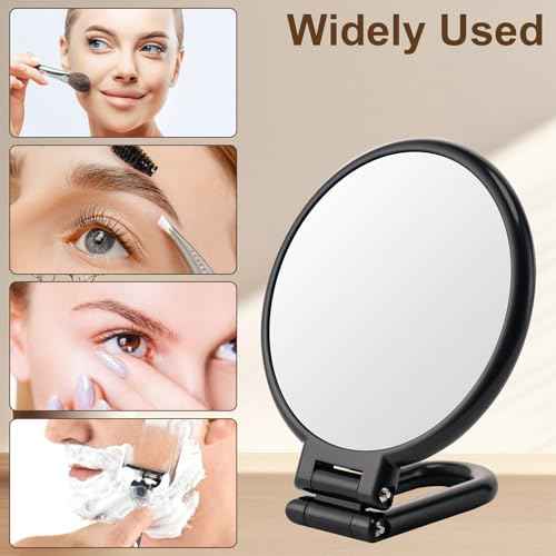 BOOMIBOO 1X/10X Magnifying Handheld Mirror Double Sided, Foldable Travel Makeup Mirror, Adjustable Rotation Pedestal Hand/Hanging/Desk Vanity Mirror-Black