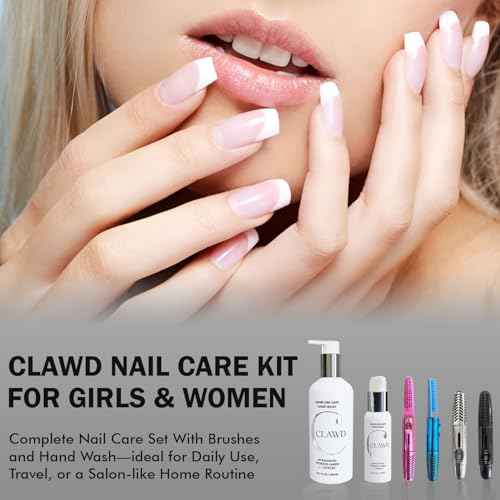 CLAWD Nail Care Kit for Girls and Women, Includes Nail Brush for Cleaning Fingernails, Fingernail Brush, Nail Scrubber Brush, Hand Wash 100ml & 300ml, Black, Blue, Silver, Pink Brushes | Set of 6