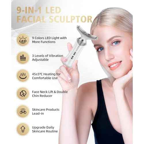 9-in-1 Red-Light-Therapy-for-Face-and-Neck, Portable Facial Massager Tool with Adjustable Vibration & Thermals for Wrinkles, Double Chin, White