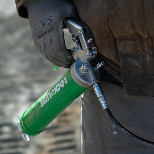 LockNLube Heavy-Duty Pistol Grip Grease Gun. Includes our patented LockNLube¢ç Grease Coupler (Locks On, Stays On, Won't Leak!) plus a high-quality 20" hose and in-line hose swivel