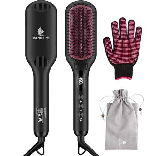 Enhanced Ceramic Hair Straightener Brush by MiroPure, 2-in-1 Ionic Straightening Brush with Anti-Scald Feature, Auto Temperature Lock & Auto-Off Function (Black)