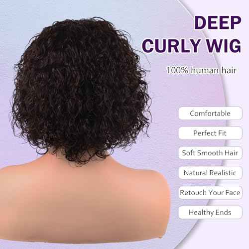 10 Inch Deep Curly Wigs Human Hair 13x2 Lace Front Wig with Pre Plucked Natural Hairline 180 Density with Baby Hair, Beginner-Friendly Glueless Wig for Black Women Natural Color