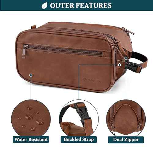 PAVILIA Toiletry Bag for Men Women, Mens Travel Bag Toiletries Organizer Case for Grooming, Travel Essentials Shaving Dopp Kit, PU Leather Water Resistant Cosmetic Pouch, Brown