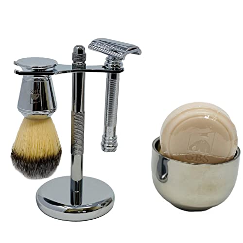 G.B.S Men's Shave Kit, Double Edge Razor and Brush Stand Shaving Bowl, Soap and DE Razor Blades Stubble Remover Effortless Glide