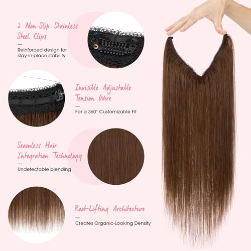 Halo Hair Extensions,Prokyvity Halo Hair Extensions Real Human Hair,Invisible Adjustable Wire Extensions for Seamless Blending 18 inch/65g Mid-Tone Brown