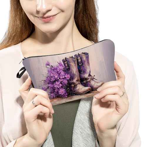 Purple Western Boots Print Makeup Bag Floral Western Cowboy Boots Small Organizer Bag Zipper Pouch Cowboy Style Oil Painting Cosmetic Bag Present for Women Friends