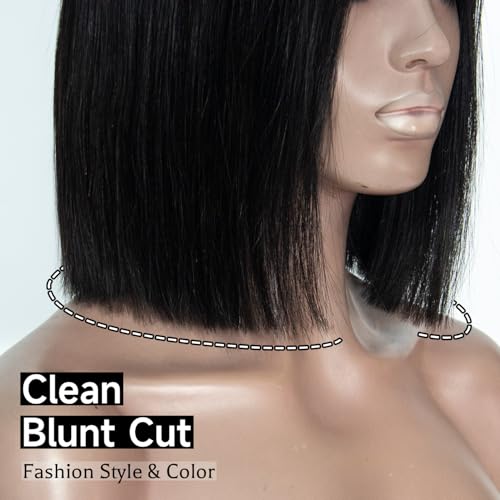 Wear and Go Glueless Wigs Human Hair Pre Plucked Pre Cut, Blunt Cut Bob Wigs Human Hair Bleached Knots 210% Density 12A Brazilian Virgin Hair 5x5 HD Lace Closure Wigs Black Women 10 Inch