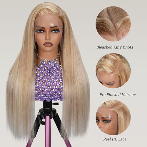 Ash Blonde Wig Human Hair with Chestnut Brown Deep Part 13x6 HD Balayage Lace Front Wigs for White Women Highlights Glueless Wigs Pre Plucked Human Hair Bleached Knots 180%Density Ombre Ash Brown Wig