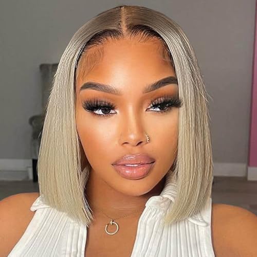 180% Density Ombre Ash Blonde Bob Wig Human Hair 13x4 HD Invisible Front Wigs for Women Grey Ash Blonde Glueless Straight Bob Wig with Dark Roots Bleached Knots 14 Inch