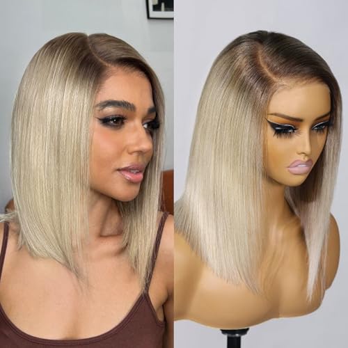 180% Density Ombre Ash Blonde Bob Wig Human Hair 13x4 HD Invisible Front Wigs for Women Grey Ash Blonde Glueless Straight Bob Wig with Dark Roots Bleached Knots 14 Inch