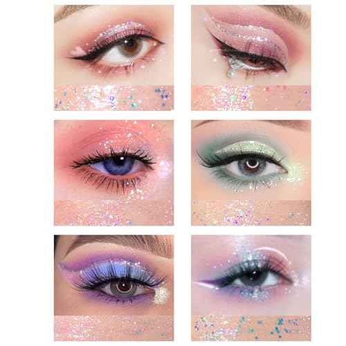 BONNIE CHOICE 6Pcs Liquid Glitter Eyeshadow Eyeliner, Korean Makeup Glitter Shinning Eye Liner Long Lasting Quick Drying Pigmented Loose Bling Under Eye Shadow Makeup Christmas Day Gifts for Women