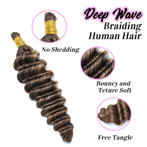Boho Human Hair for Braiding #4/27/30 100% Brazilian Human Braiding Hair 100G Deep Wave Braiding Human Hair for Boho Braids 18 Inch