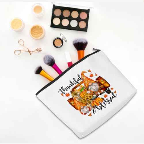 Gnome Gifts Fall Sunflowers Pumpkin Leaves Makeup Bag - Cosmetic Case - Orange, Brown - Waterproof - Travel, Makeup, Toiletry