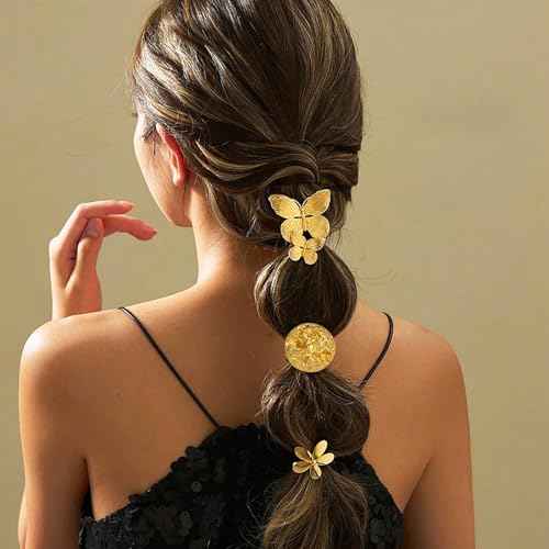Metal Hair Ties for Women Gold Flower Hair Tie Elastic French Gold Ponytail Holders Butterfly Hair Scrunchies for Thick Thin Christmas Gift for Xmas Party Small Circle Hair Cuffs Hair Accessories 3Pcs