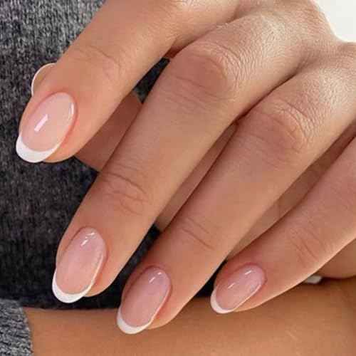 modelones French Tip Press On Nails, Short Oval Fake Nails Press Ons with Nail Glue, Adhesive Tabs, Nail File, Prep Pad, Manicure Stick, 32Pcs 16 Sizes, Nude, Christmas