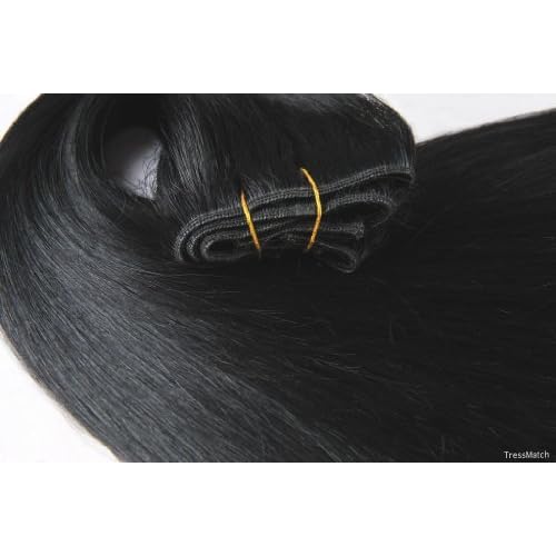 TRESSMATCH 16¡±-18" Remy Human Hair Clip in Extensions Thick to Ends Off Black (1b) 9 Pieces Full Head Volume Set Thick to Ends [4.3oz/123grams] ¡¦