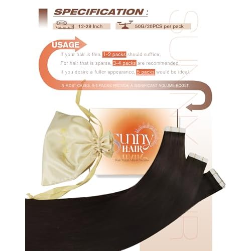 Sunny Hair Tape in Hair Extensions Real Human Hair Invisible Remy Hair Extensions Tape ins for Women Darkest Brown 24 inch 20Pcs 50G
