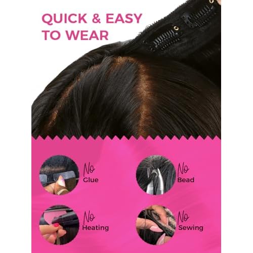 Lashey V Shape Invisible Clip in & Lace Clip in Hair Extensions Human Hair, 14 Inch 110g Set (1 V-Shaped + 2pcs Lace Clip ins), Natural Black Body Wave No Leave Out Hair Extension for Women