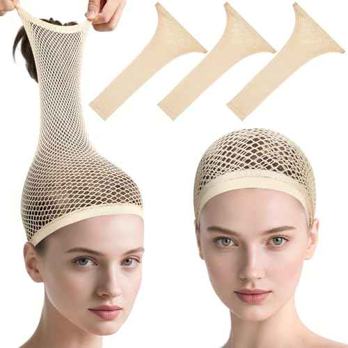 MORGLES 3 Pcs Beige Wig Caps for Long Hair, Nylon Hair Nets for Women, Mesh Wig Cap for for Women Non Slip, Accessory for Halloween Party Cosplay