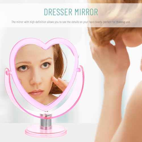 Heart Shaped Pink Makeup Mirror - Double-Sided Rotatable Vanity Mirror for Dresser, Desktop, Bathroom, Bedroom