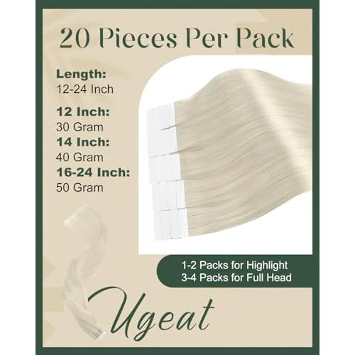 Ugeat Blonde Tape in Hair Extensions Platinum Blonde Tape in Human Hair Extensions Invisible Seamless Straight Long Real Natural Human Hair for Halloween 20Inch 20Pcs 50G