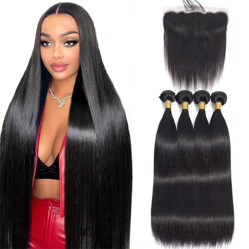 Human Hair Bundles with Frontal Closure (10 12 14 16+10,Free Part), 4 Bundles Human Hair with 13x4 HD Lace Frontal,16A 100% Virgin Brazilian Straight Hair Extensions Double Weft