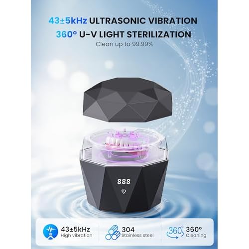 15W Ultrasonic Retainer Cleaner with 2 * 2000mAh Rechargeable Battery, LUMYSPACE 43¡¾5KHz Denture Cleaner Machine, Digital Timer & U-V-C Lights for Braces Night Guard Mouthguard Aligners Jewelry
