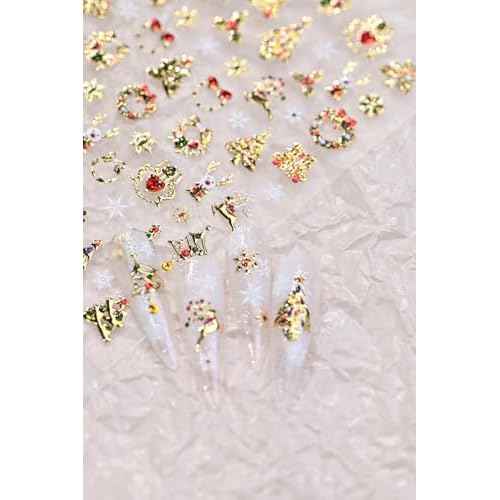 Christmas Nail Art Stickers 5D Embossed Shiny Gold Xmas Tree Nail Stickers Elk Wreath Snowflake Nail Decals for Women Girls Winter Holiday Manicure DIY Nail Supplies